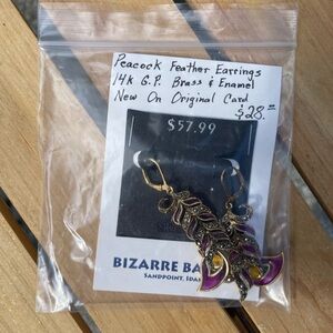 Peacock Feather Earrings with Purple and Gold Accents